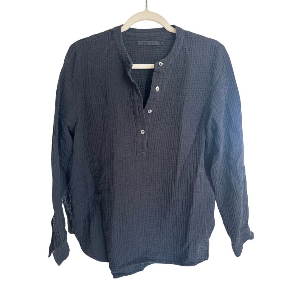 Jenni Kayne Cypress Collarless Slub 100% Cotton Gauzy Long-Sleeve Shirt Medium